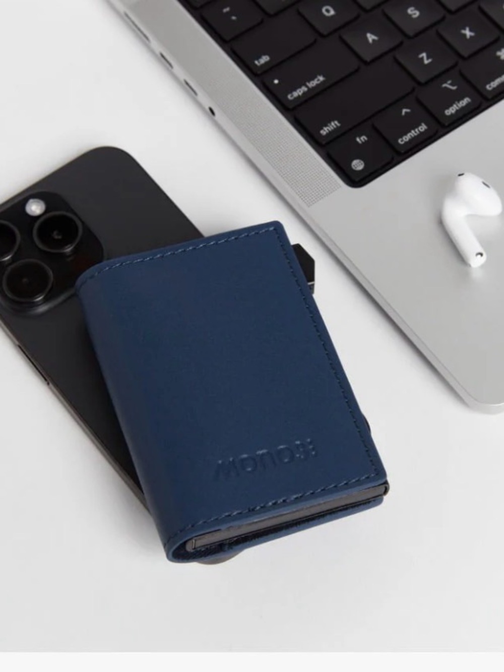 Monos Slim Wallet Pro: Navy Leather Card Wallet with Embossed Logo
